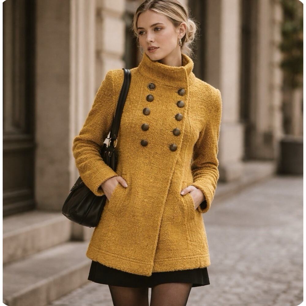 Free People Mustard Yellow Double-Breasted Bouclé Coat
